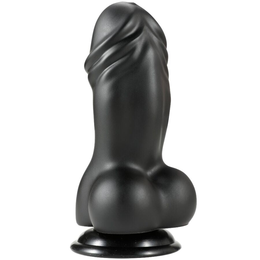 Gode XXL en PVC noir de trois-quarts droit, gland prononce, veines et bourses moulees sur ventouse, gabarit imposant pour amateurs de fortes sensations.