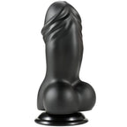 Gode XXL en PVC noir de trois-quarts droit, gland prononce, veines et bourses moulees sur ventouse, gabarit imposant pour amateurs de fortes sensations.
