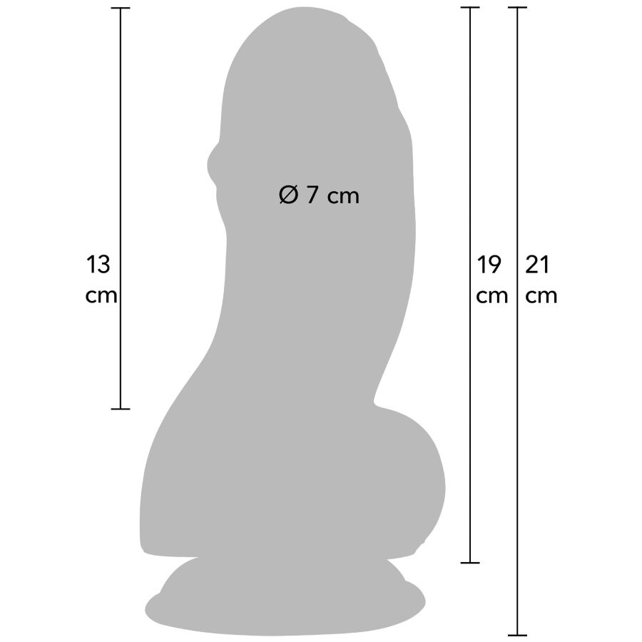 Schema technique du gode XXL en silhouette grise, diametre 7 cm et hauteurs 13/19/21 cm, contour penien avec gland et testicules pour visualiser les dimensions.