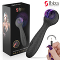 Vibromasseur Ibiza à boule plasma lumineuse violette, tige noire texturée, recharge par câble USB tenue en main