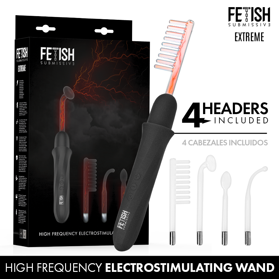Emballage et wand Fetish Submissive Extreme, embout en verre courbe illumine de rouge avec effet d'etincelles electriques