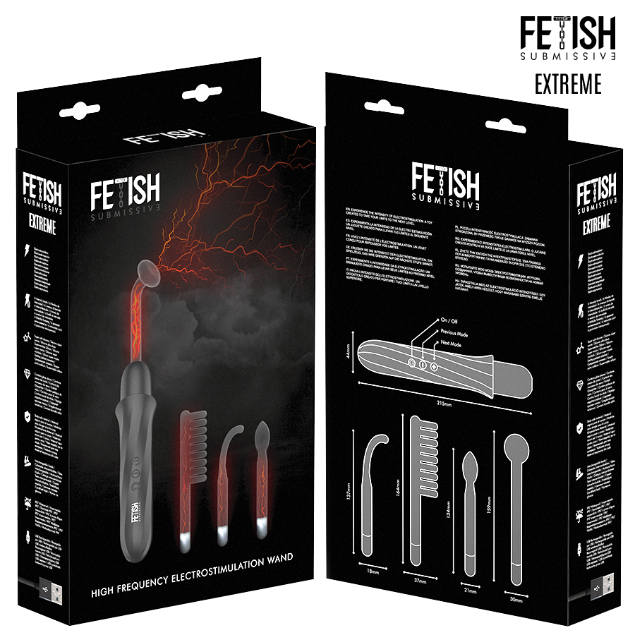 Emballage Fetish Submissive Extreme recto et verso, avec description multilingue et schema des dimensions