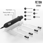 Wand Fetish Submissive Extreme avec ses 4 embouts en eventail et pictogrammes des caracteristiques (electrostimulation, 6 niveaux, silicone, IPX7, USB)
