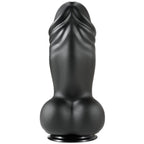 Gode XXL en PVC noir vu de face, gland prononce avec veines et bourses moulees sur ventouse, fut court et tres epais pour une dilatation marquee.