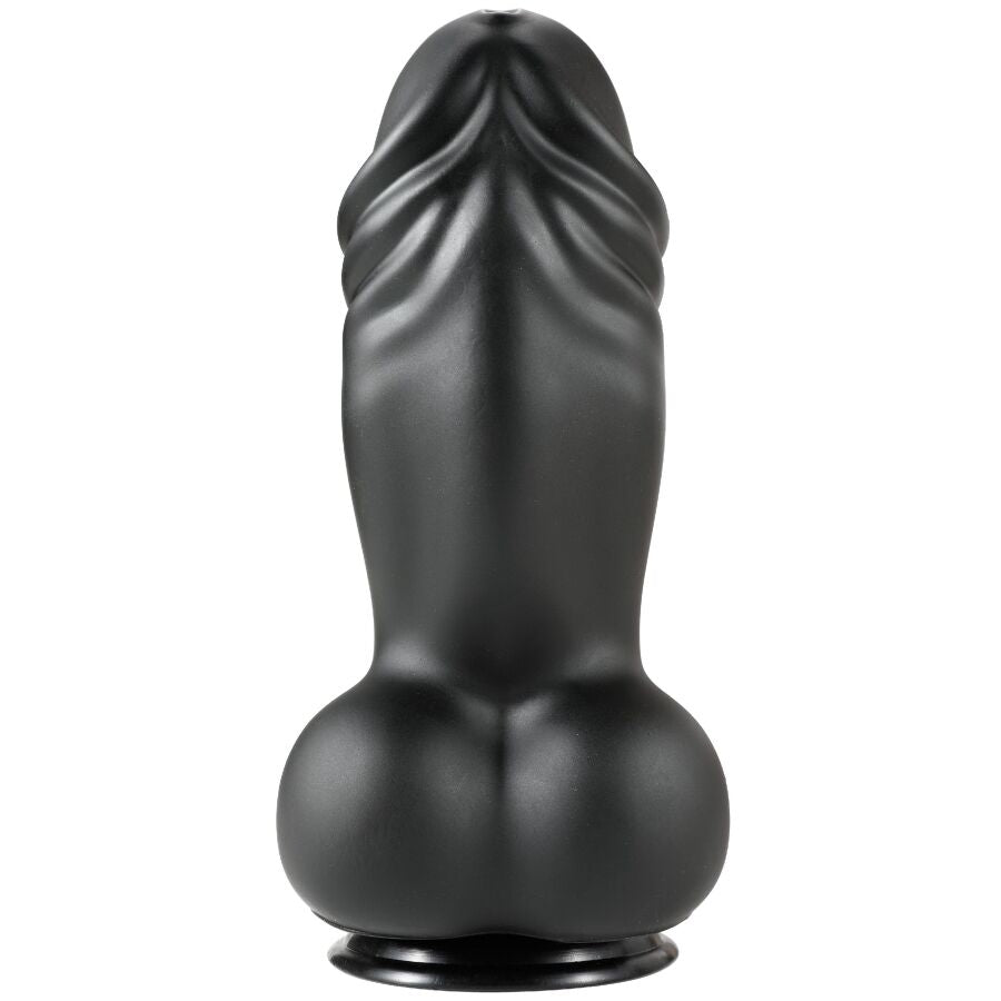 Gode XXL en PVC noir vu de face, gland prononce avec veines et bourses moulees sur ventouse, fut court et tres epais pour une dilatation marquee.