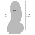 Schema technique du gode XXL gris, diametre 8,5 cm et hauteurs 16/22/24 cm, contour penien avec gland et testicules illustrant les cotes de cette taille superieure.