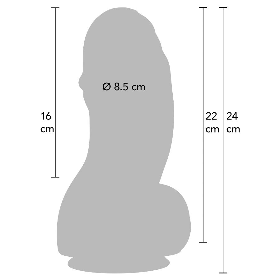 Schema technique du gode XXL gris, diametre 8,5 cm et hauteurs 16/22/24 cm, contour penien avec gland et testicules illustrant les cotes de cette taille superieure.