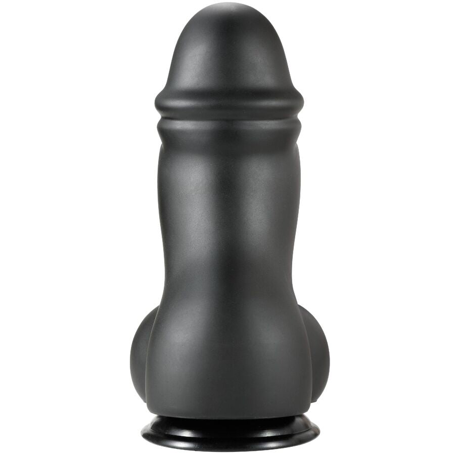 Gode XXL epais en PVC noir vu de face, tete arrondie nettement detachee et fut large sur ventouse, gabarit volumineux pour une sensation de remplissage.