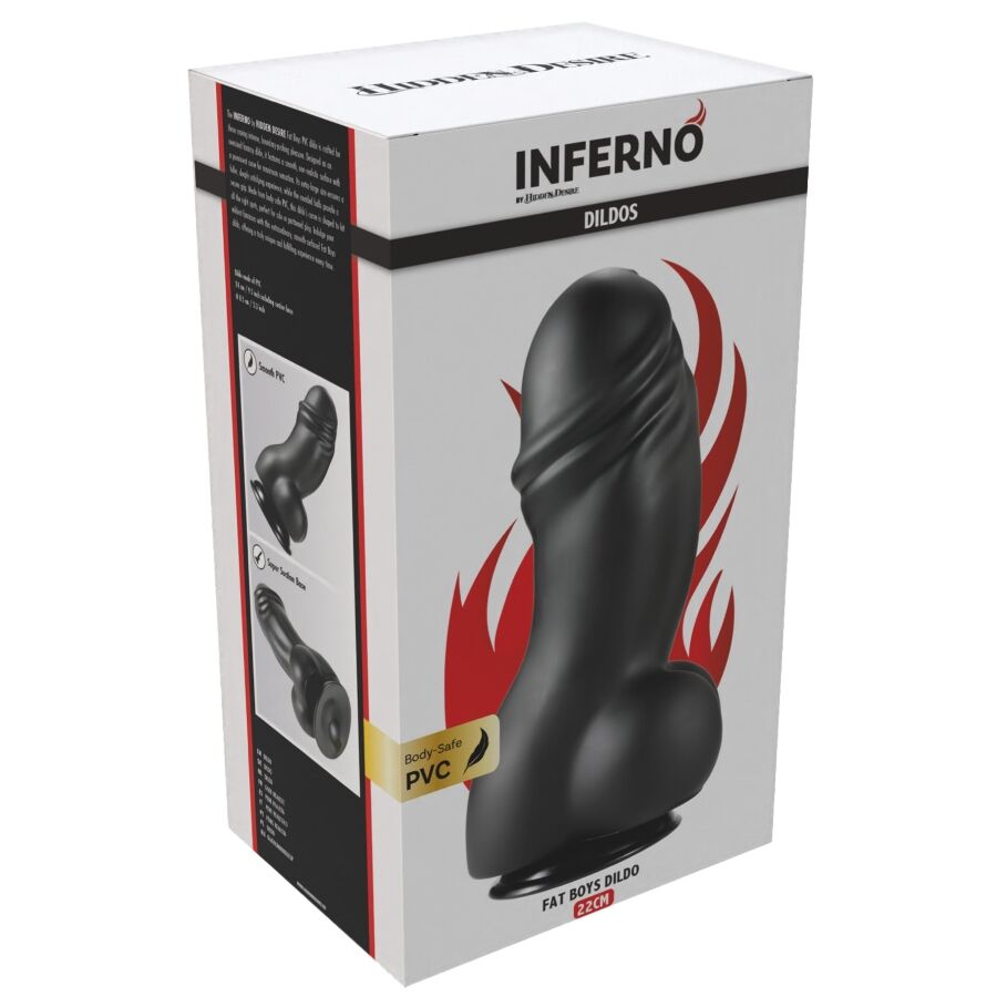 Boite Inferno Dildos illustrant le gode XXL en PVC noir avec gland et testicules sur fond flamme, packaging mentionnant la matiere body-safe et le diametre.