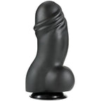 Gode XXL en PVC noir vu de trois-quarts droit, gland charnu et bourses moulees sur ventouse, fut large et veine pour une experience profonde et realiste.