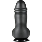 Gode XXL epais en PVC noir vu de profil, tete bombee et fut renfle sur ventouse, courbure douce pensee pour accompagner une penetration profonde.