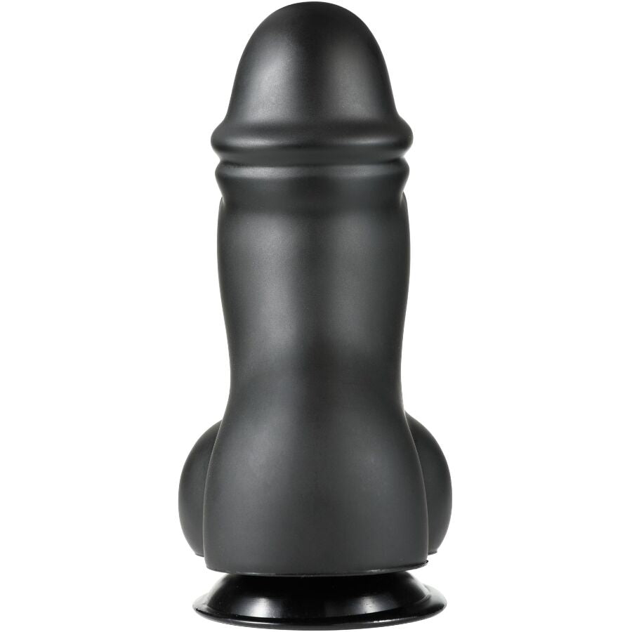 Gode XXL epais en PVC noir vu de profil, tete bombee et fut renfle sur ventouse, courbure douce pensee pour accompagner une penetration profonde.