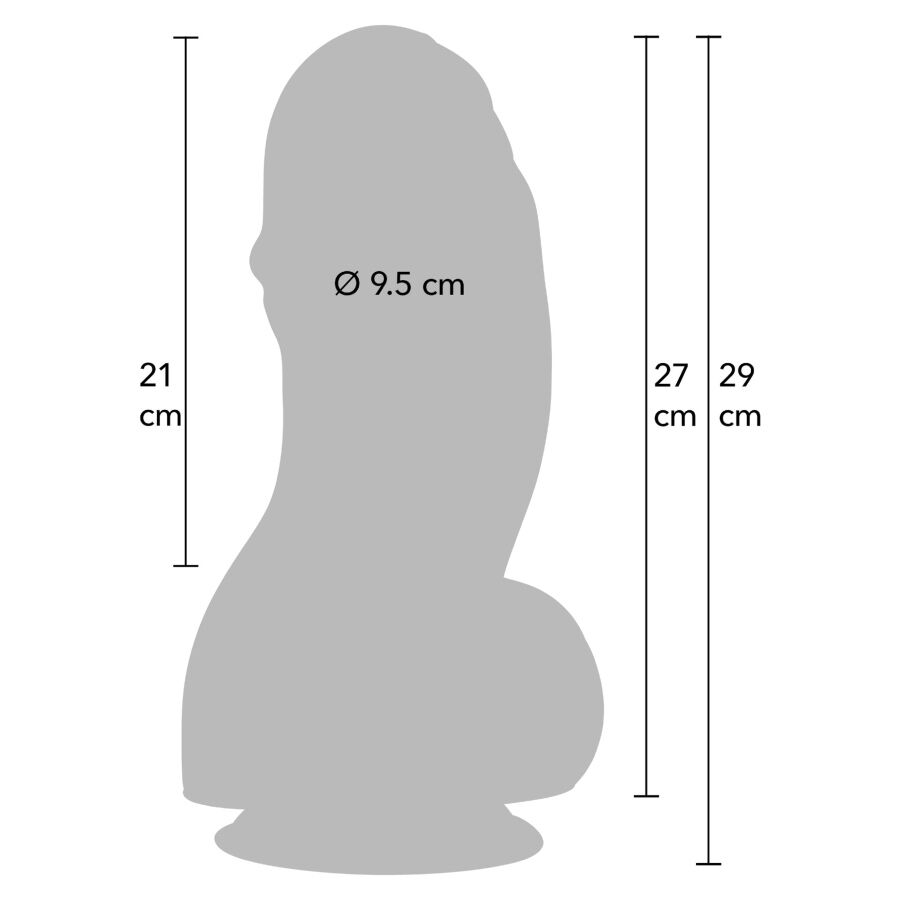 Schema technique du gode XXL gris, diametre 9,5 cm et hauteurs 21/27/29 cm, contour penien avec gland et testicules detaillant les cotes de la plus grande taille.