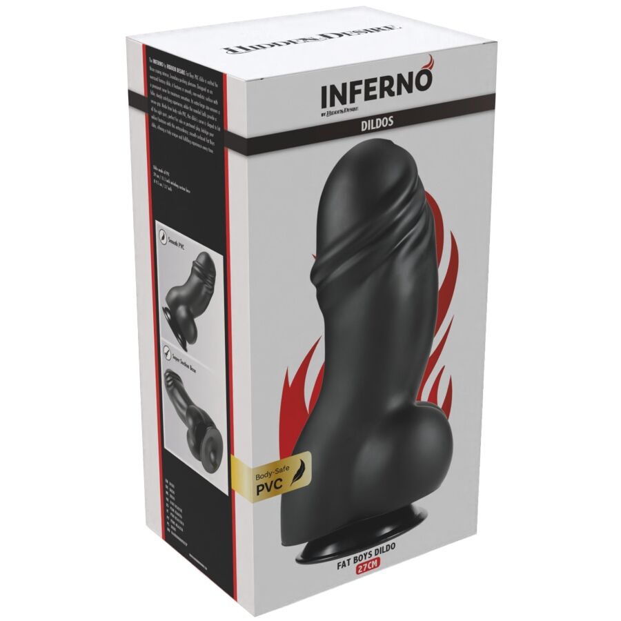 Boite Inferno Dildos verticale presentant le gode XXL en PVC noir, gland et testicules visibles sur fond flamme, mentions diametre et matiere body-safe.