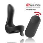 Stimulateur penien Anbiguo Arkadio en silicone noir avec anneau et bras vibrant, accompagne de sa telecommande Watchme, compatible technologie sans fil.
