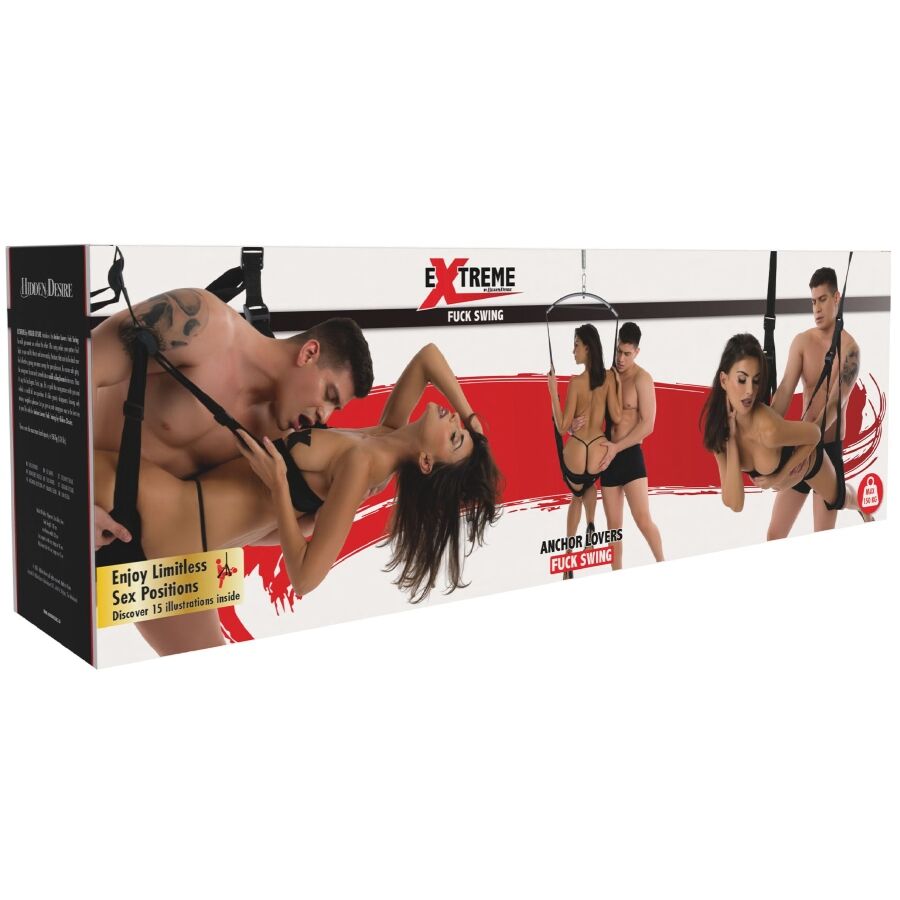 Boite de la balancoire sexuelle Hidden Desire Extreme Fuck Swing, packaging affichant un couple denude en usage et la mention des positions illimitees offertes.
