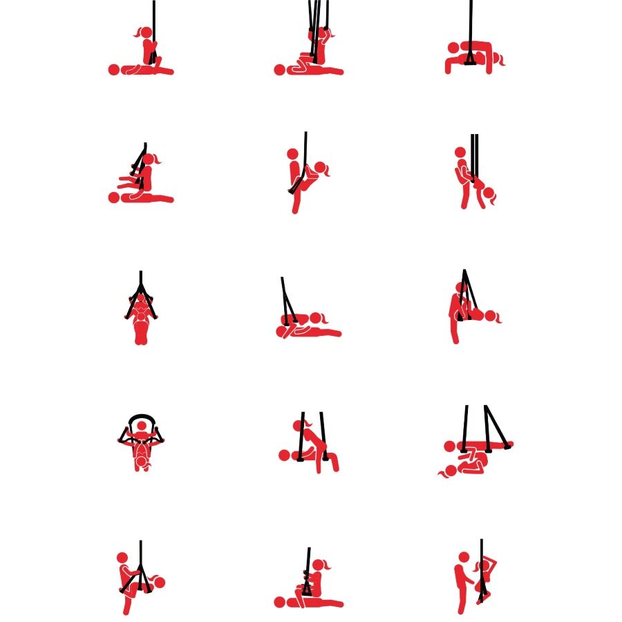 Planche de pictogrammes rouges stylises des positions possibles avec la balancoire sexuelle Hidden Desire, illustrations schematiques sans representation realiste de corps nu.
