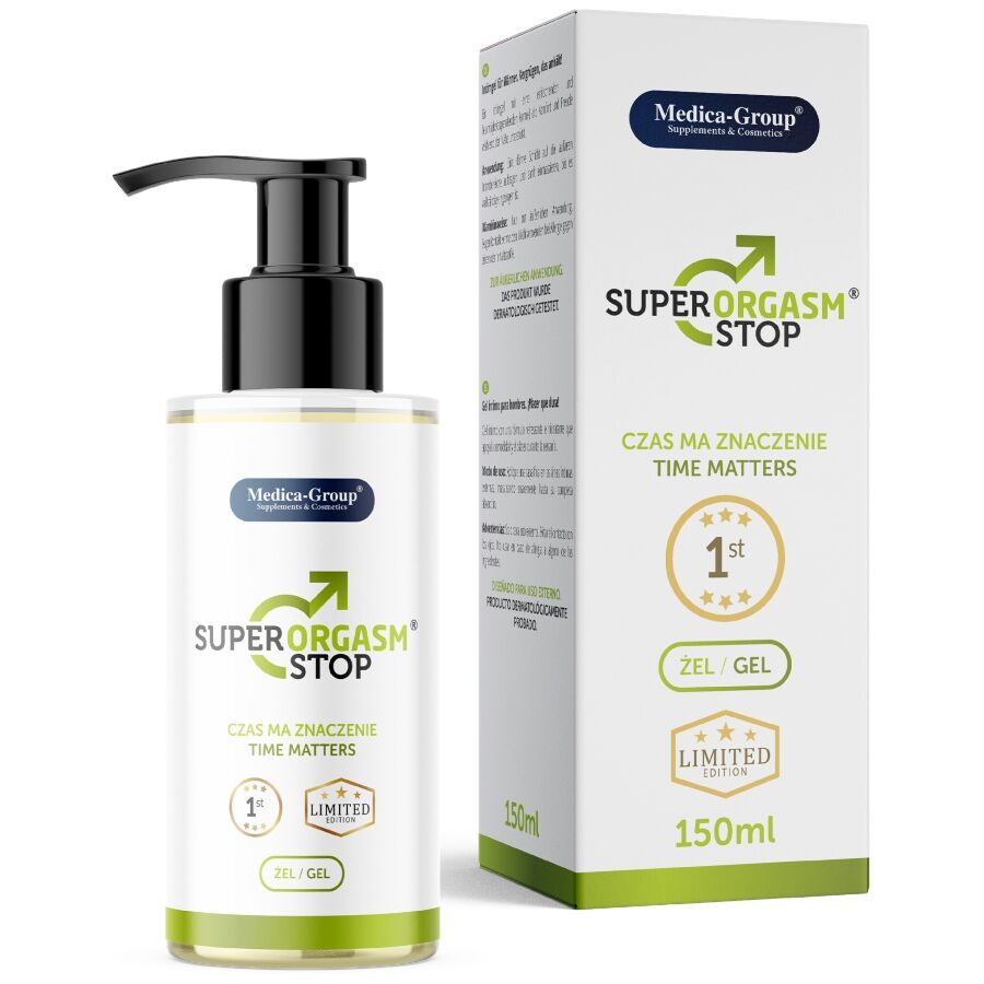 Flacon et boîte du gel Super Orgasm Stop Medica-Group, packaging complet 150 ml