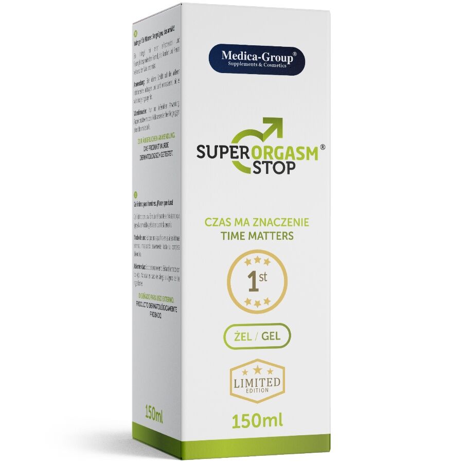 Boîte du gel Super Orgasm Stop vue de trois quarts, édition limitée 150 ml