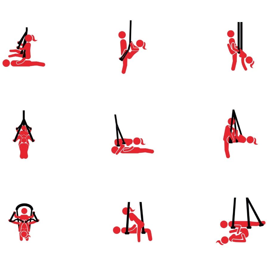 Planche de pictogrammes rouges stylises des positions possibles avec la balancoire autoportante Hidden Desire, illustrations schematiques sans representation realiste de corps.