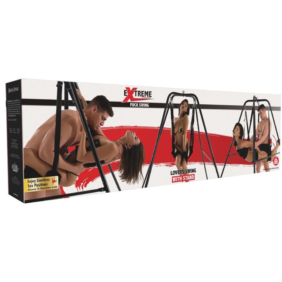 Boite de la balancoire sexuelle autoportante Hidden Desire Extreme Lovers Swing, packaging affichant un couple denude en usage et le support livre avec stand.
