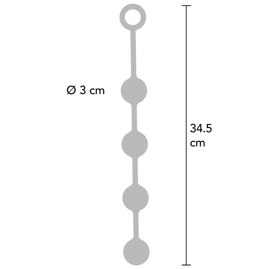 Schema en silhouette grise des boules anales lestees Hidden Desire, longueur de 34,5 cm et billes de 3 cm de diametre pour visualiser le gabarit du chapelet.