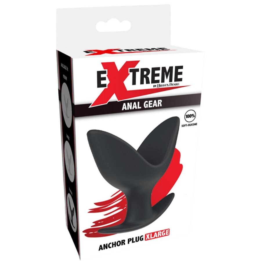 Boite Extreme Anal Gear de l Anchor Plug taille XLarge, packaging rouge et noir presentant le plug deployable silicone sans anatomie.