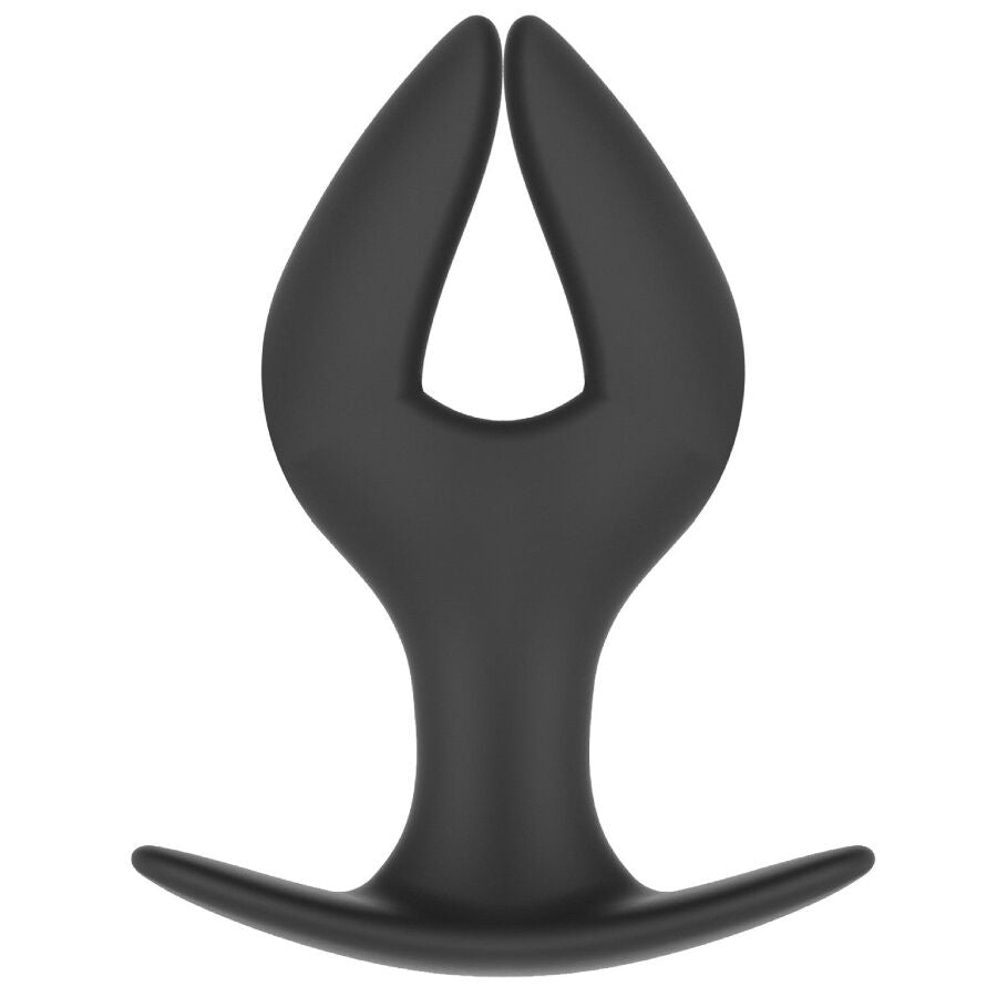 Plug anal ancre Extreme en silicone noir vu de face, deux branches qui s ouvrent en V sur base evasee pour une dilatation anale progressive.