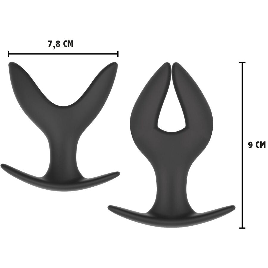 Duo de plugs anaux ancre Extreme en silicone noir avec cotes 7,8 cm de large et 9 cm de haut, branches deployables pour la dilatation.