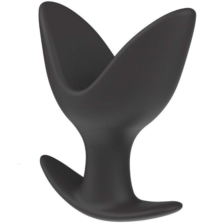 Plug anal ancre Extreme en silicone noir taille Large vu de trois quarts, larges branches deployables et base evasee pour la dilatation.