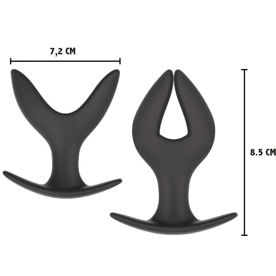 Duo de plugs anaux ancre Extreme en silicone noir avec cotes 7,2 cm de large et 8,5 cm de haut, branches deployables pour la dilatation.