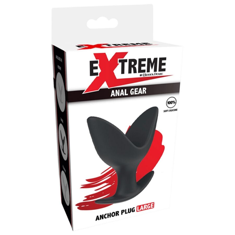 Boite Extreme Anal Gear de l Anchor Plug taille Large, packaging rouge et noir presentant le plug deployable silicone sans anatomie.