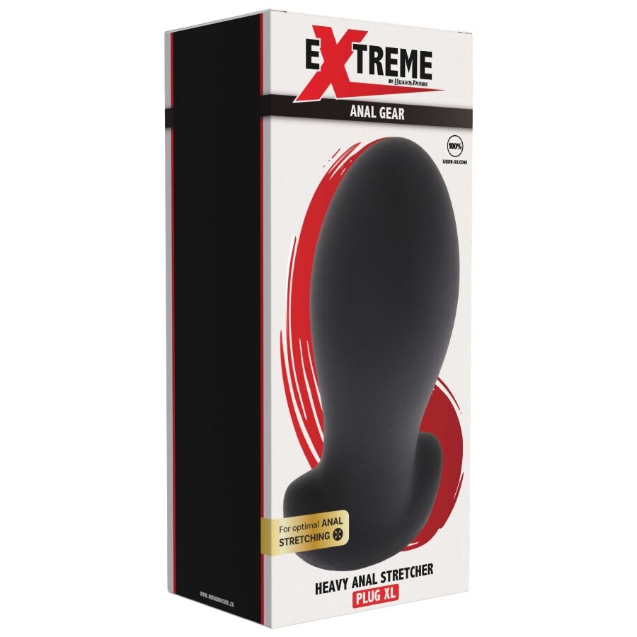 Boite Extreme Anal Gear du Heavy Anal Stretcher taille XL, packaging rouge et noir presentant le plug silicone sans element anatomique.