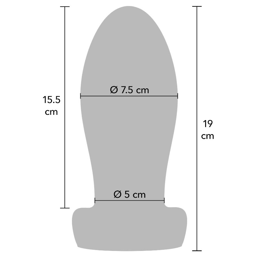 Schema technique du plug anal Extreme XL indiquant diametre 7,5 cm, col 5 cm et hauteur 19 cm pour une dilatation progressive maximale.