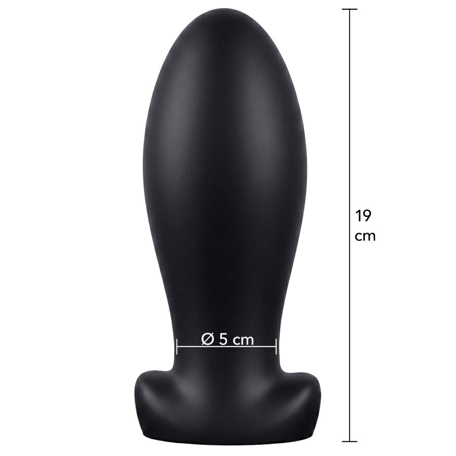 Plug anal Extreme en silicone noir XL avec cotes 19 cm de hauteur et diametre 5 cm, gabarit extreme pour une dilatation anale avancee.