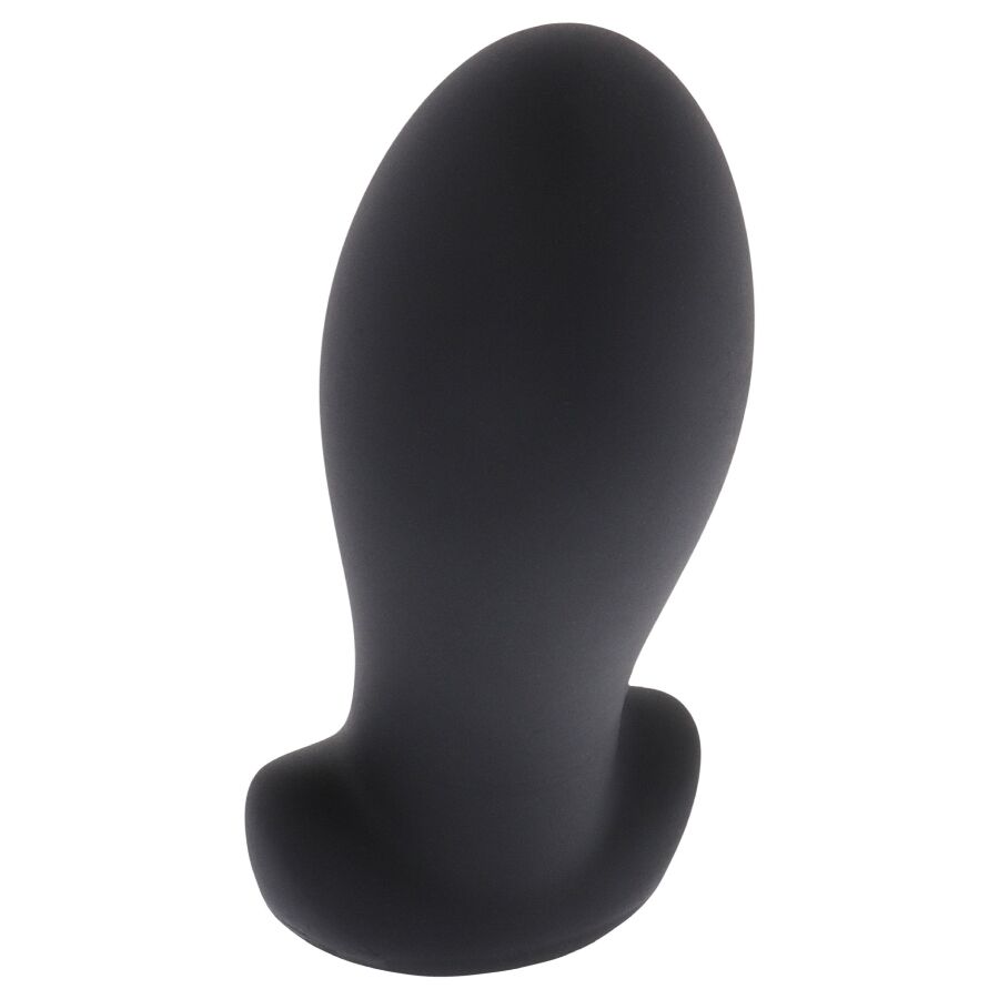 Plug anal Extreme en silicone noir taille L vu de profil, corps ovoide volumineux et col fin pour une dilatation progressive marquee.