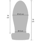 Schema technique du plug anal Extreme indiquant diametre 6,5 cm, col 4 cm et hauteur 16 cm pour une dilatation progressive et intense.
