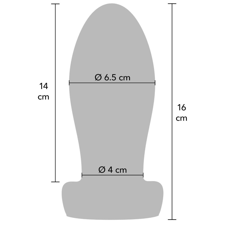 Schema technique du plug anal Extreme indiquant diametre 6,5 cm, col 4 cm et hauteur 16 cm pour une dilatation progressive et intense.