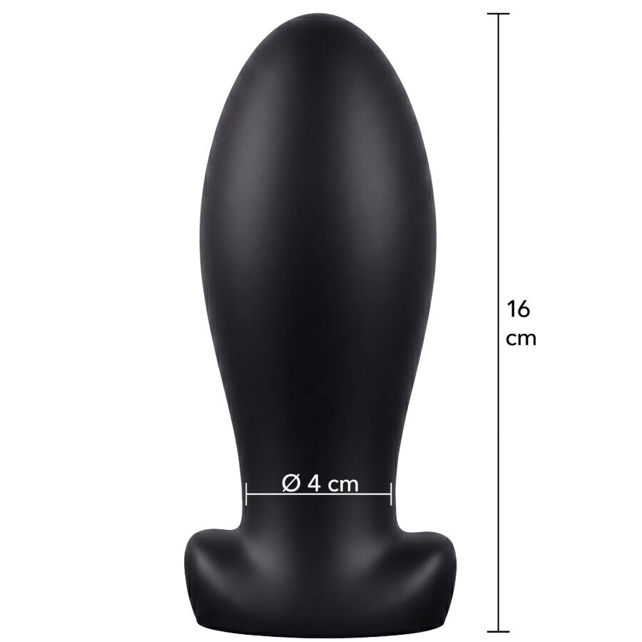 Plug anal Extreme en silicone noir avec cotes 16 cm de hauteur et diametre 4 cm, gabarit allonge pour une dilatation anale avancee.
