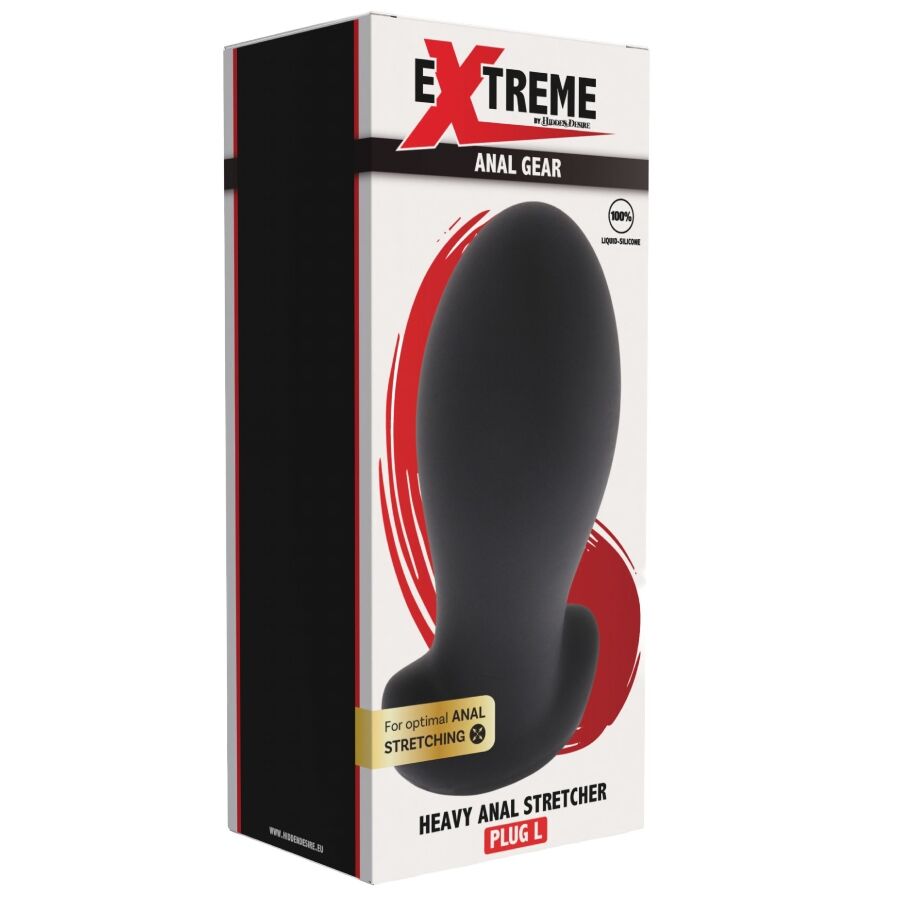 Boite Extreme Anal Gear du Heavy Anal Stretcher taille L, packaging rouge et noir presentant le plug silicone sans element anatomique.