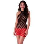 Robe bodystocking BS117 en résille dégradée du noir au rouge, encolure halter, vue de face sur fond blanc