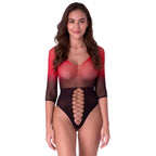 Body BS118 en maille dégradée rouge et noire, manches trois-quarts, décolleté en V et empiècement à mailles losangées sur le devant, vue de face sur fond blanc