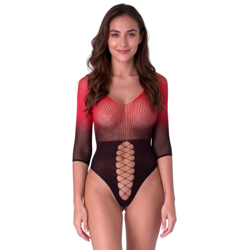 Body BS118 en maille dégradée rouge et noire, manches trois-quarts, décolleté en V et empiècement à mailles losangées sur le devant, vue de face sur fond blanc