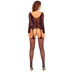 Bodystocking noir à manches longues, vue de dos, découpes fesses façon porte-jarretelles et bas résille