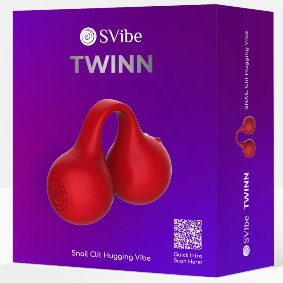Boîte d'emballage SVibe Twinn violette « Snail Clit Hugging Vibe », visuel du vibrateur et QR code