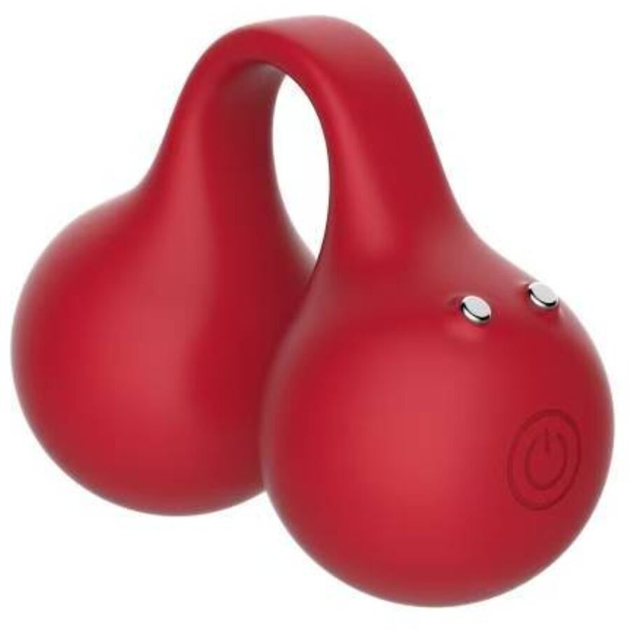 Vibrateur Twinn rouge cerise vu de profil, bouton de contrôle et broches de recharge magnétique sur le lobe droit