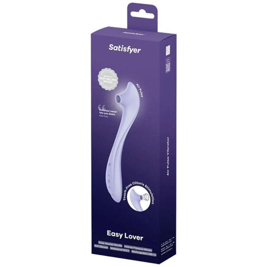 Boîte d'emballage Satisfyer Easy Lover, mentions Air Pulse Vibrator et Touch-Free Clitoris Stimulation