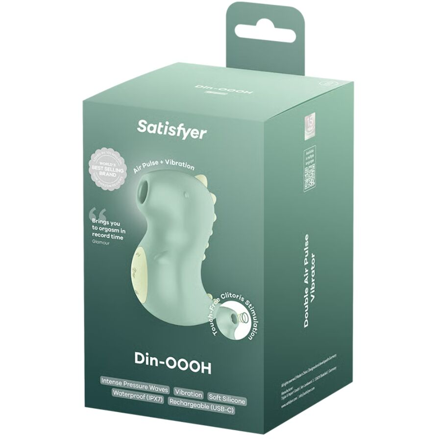 Boîte d'emballage Satisfyer Din-OOOH verte, mentions Air Pulse + Vibration et Double Air Pulse Vibrator