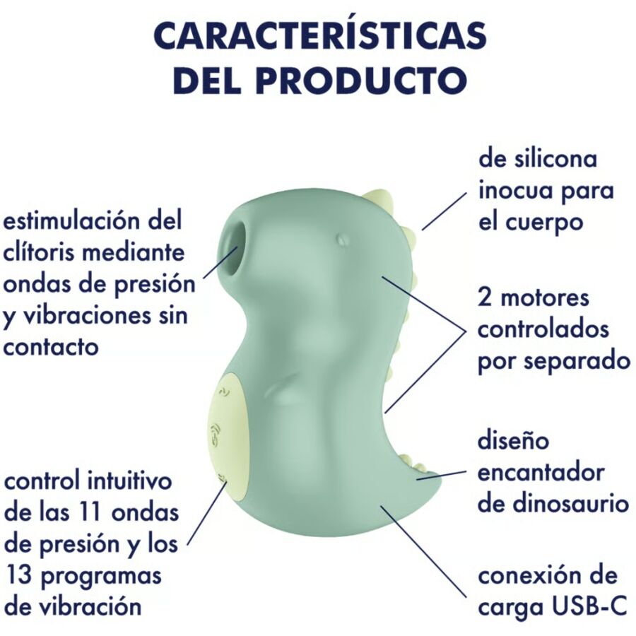 Infographie des caractéristiques du Din-Oooh : stimulation clitoridienne sans contact, silicone inoffensif, 2 moteurs séparés, charge USB-C