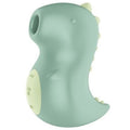 Stimulateur Din-Oooh de Satisfyer en forme de dinosaure, silicone vert sauge à crêtes claires, vue de trois quarts